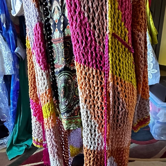 Free People Chasing Rainbows Tropical Combo Open Front Knit Maxi Cardi Kimono - Picture 6 of 14